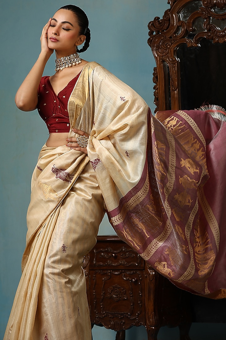 Beige & Purple Kosa Silk Handwoven Party Wear Saree Set by Dusala India at Pernia's Pop Up Shop