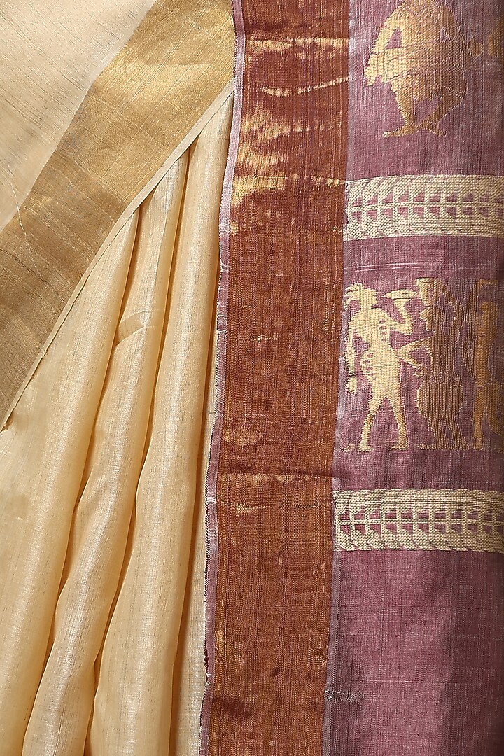 Beige & Purple Kosa Silk Handwoven Party Wear Saree Set by Dusala India at Pernia's Pop Up Shop