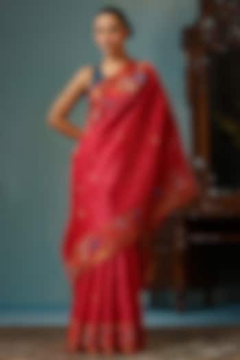 Peach-Pink Kosa Silk Handwoven Saree Set by Dusala India at Pernia's Pop Up Shop