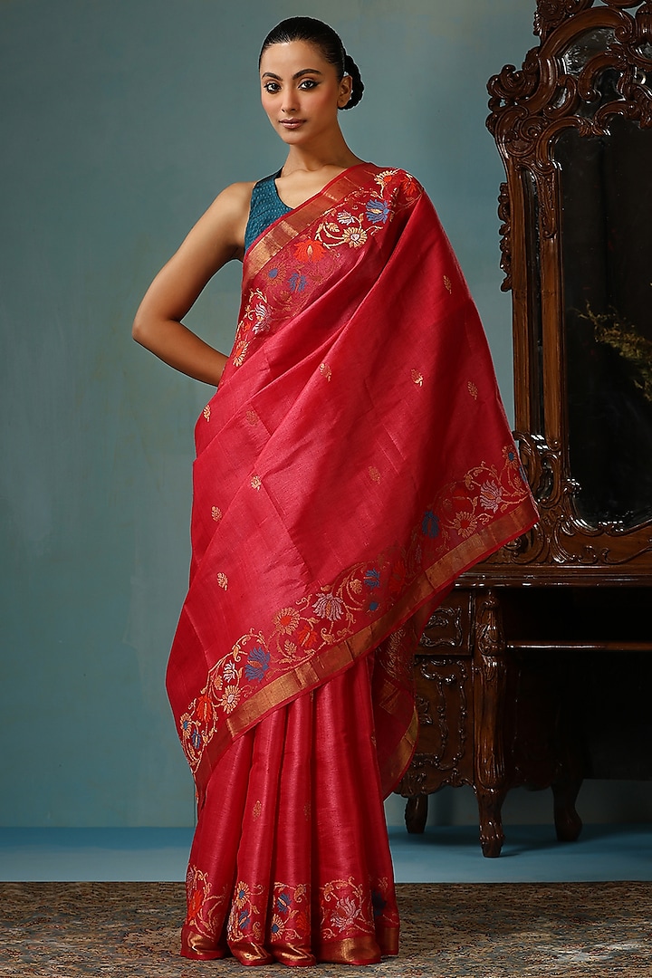 Peach-Pink Kosa Silk Handwoven Saree Set by Dusala India at Pernia's Pop Up Shop