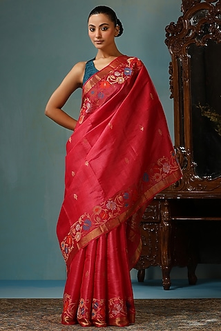 Peach-Pink Kosa Silk Handwoven Saree Set by Dusala India