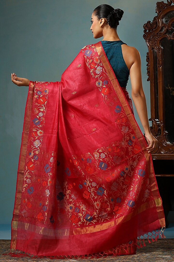 Peach-Pink Kosa Silk Handwoven Party Wear Saree Set by Dusala India at Pernia's Pop Up Shop
