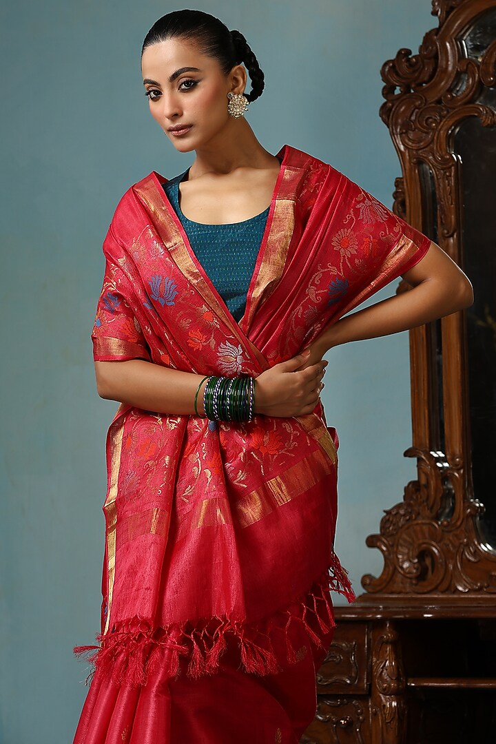 Peach-Pink Kosa Silk Handwoven Party Wear Saree Set by Dusala India at Pernia's Pop Up Shop