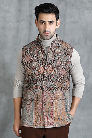 Black Pashmina Blend Paisley Hand Work Bundi Jacket by Dusala Men