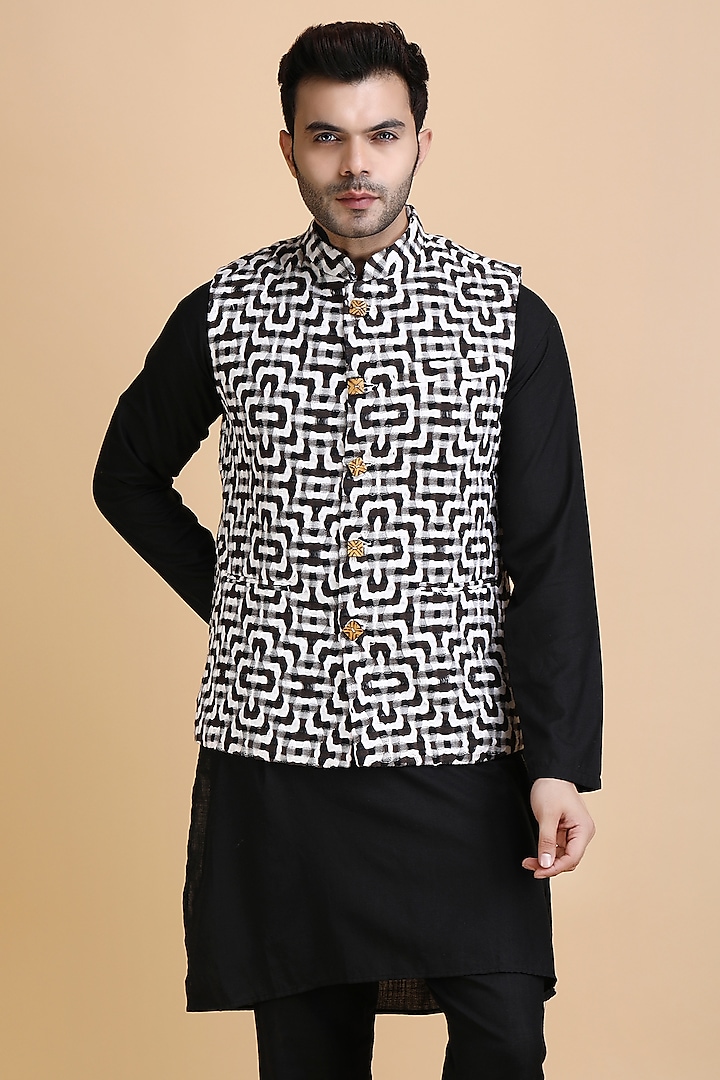Black Pure Cotton Handwoven Bundi Jacket by Dusala Men
