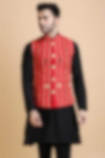 Red Premium Handwoven Cotton Tribal Pattern Bundi Jacket by Dusala Men