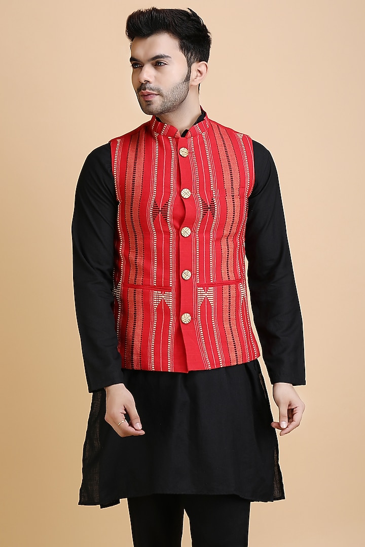 Red Premium Handwoven Cotton Tribal Pattern Bundi Jacket by Dusala Men