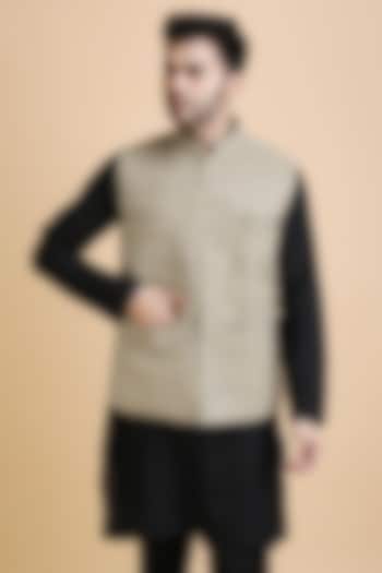 Beige Ghicha Silk Checkered Bundi Jacket by Dusala Men