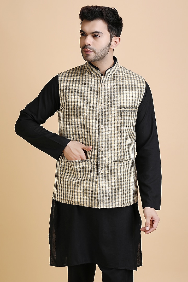 Beige Ghicha Silk Checkered Bundi Jacket by Dusala Men