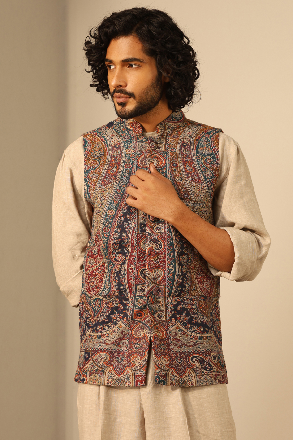 Multi-Colored Fine Wool Silk Bundi Jacket by Dusala Men at Pernia's Pop Up Shop