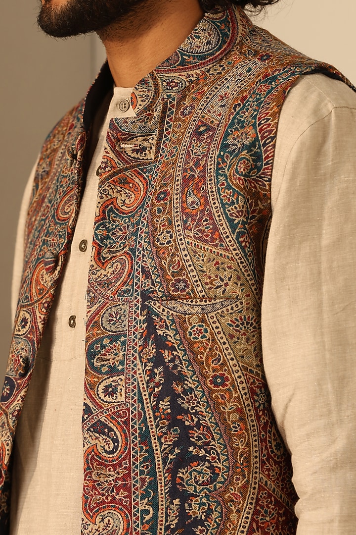 Multi-Colored Fine Wool Silk Bundi Jacket by Dusala Men at Pernia's Pop Up Shop