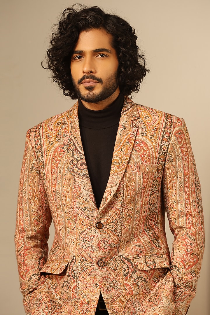 Beige Fine Wool Silk Jacket by Dusala Men at Pernia's Pop Up Shop