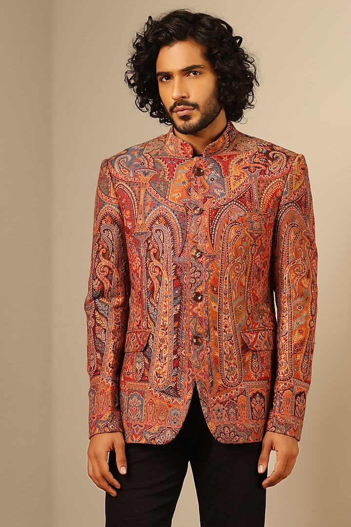 Multi-Colored Fine Wool Silk Bandhgala by Dusala Men