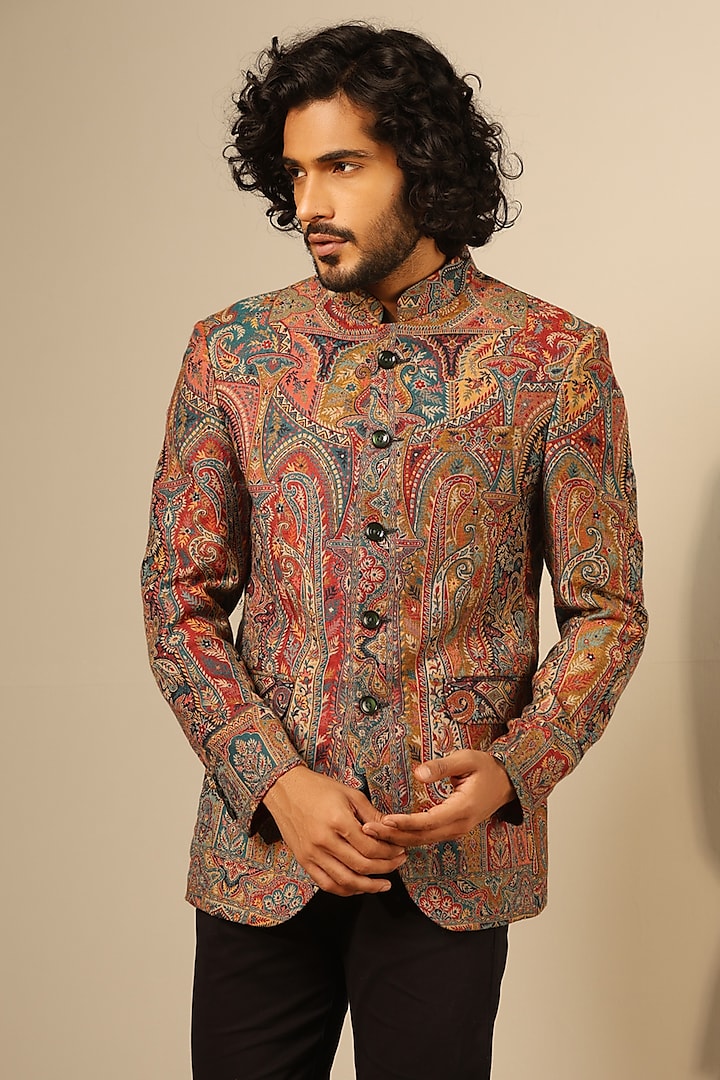 Multi-Colored Fine Wool Silk Bandhgala by Dusala Men