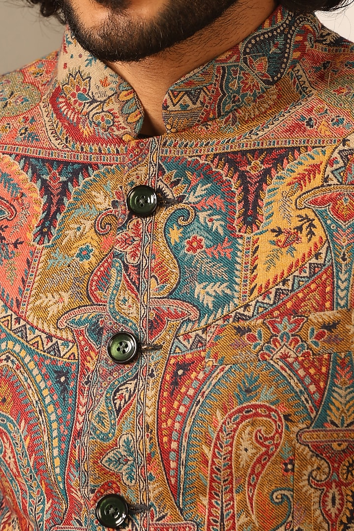Multi-Colored Fine Wool Silk Wedding Bandhgala by Dusala Men at Pernia's Pop Up Shop