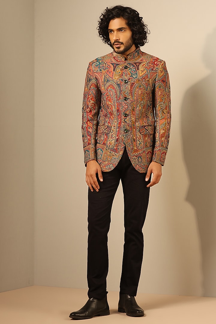 Multi-Colored Fine Wool Silk Wedding Bandhgala by Dusala Men at Pernia's Pop Up Shop