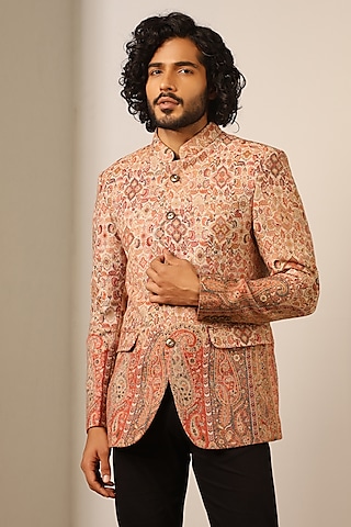 Beige Fine Wool Silk Bandhgala by Dusala Men