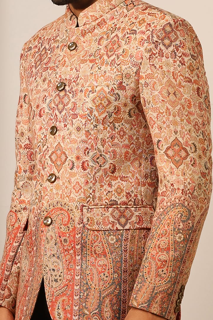 Beige Fine Wool Silk Wedding Bandhgala by Dusala Men at Pernia's Pop Up Shop