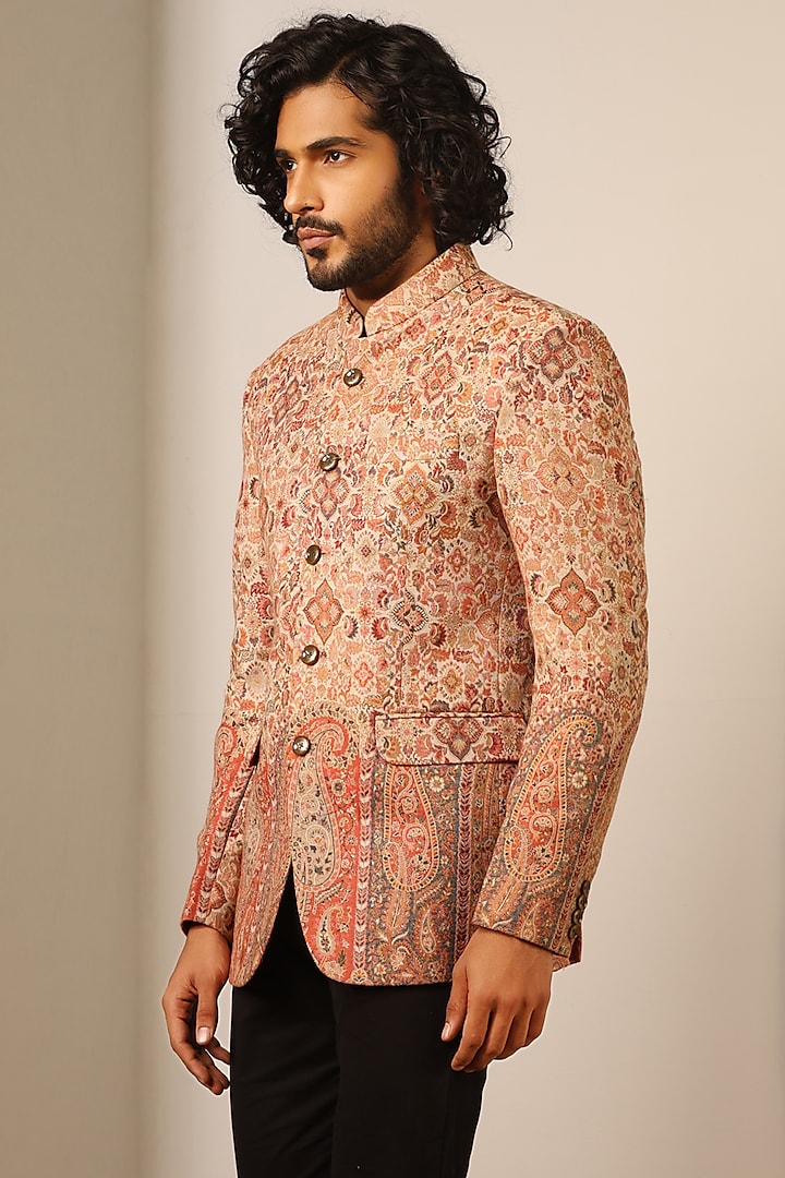 Beige Fine Wool Silk Wedding Bandhgala by Dusala Men at Pernia's Pop Up Shop