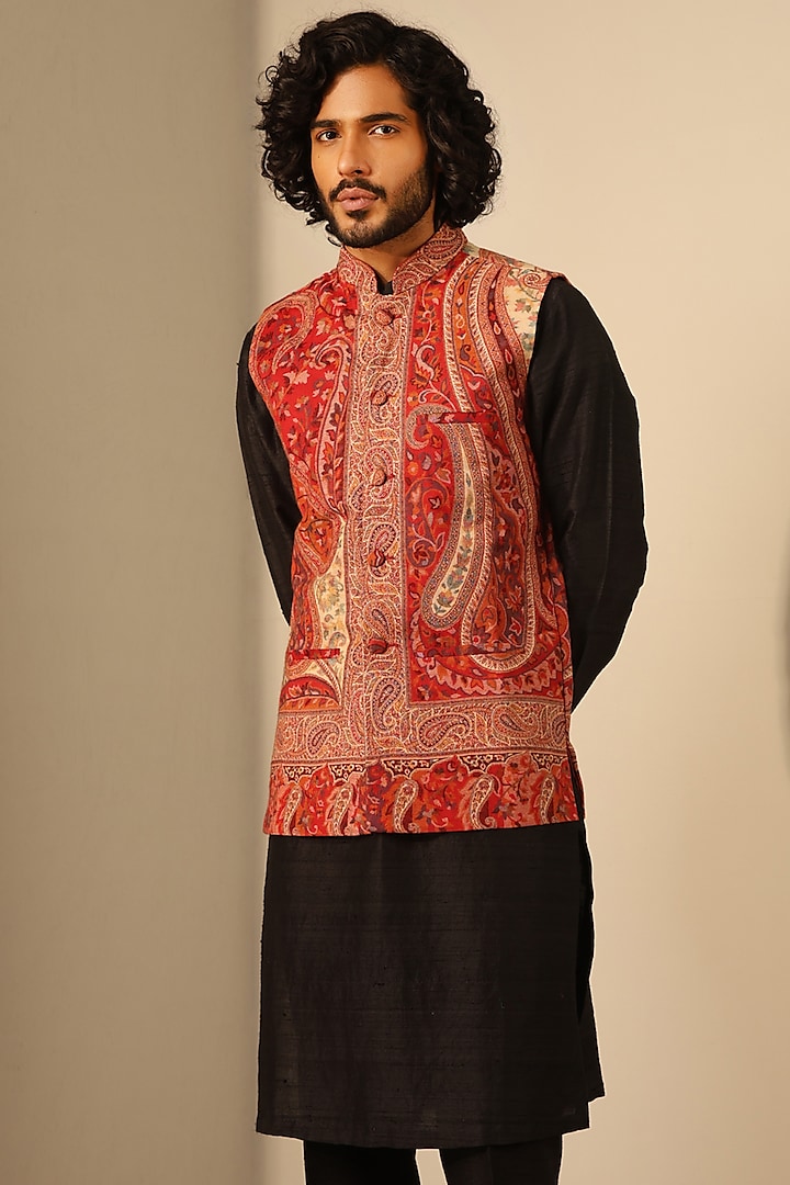 Red Fine Wool Silk Bundi Jacket by Dusala Men