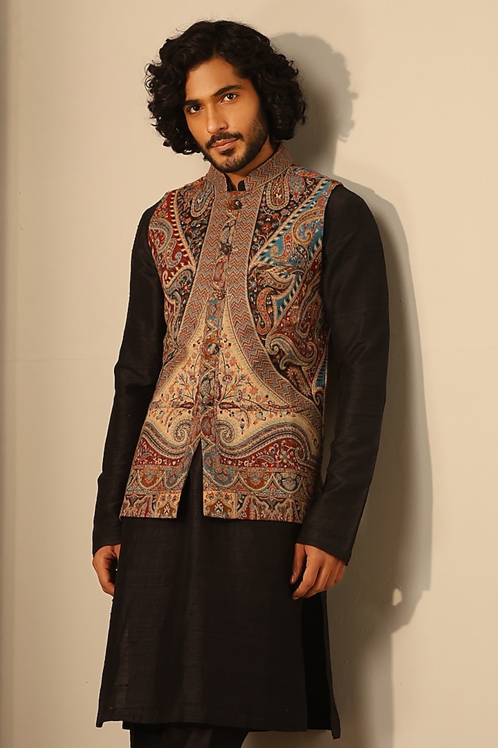 Multi-Colored Fine Wool Silk Bundi Jacket by Dusala Men