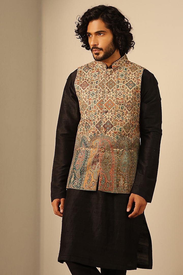 Multi-Colored Fine Wool Silk Bundi Jacket by Dusala Men