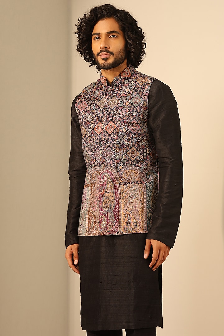 Dark Blue Fine Wool Silk Bundi Jacket by Dusala Men