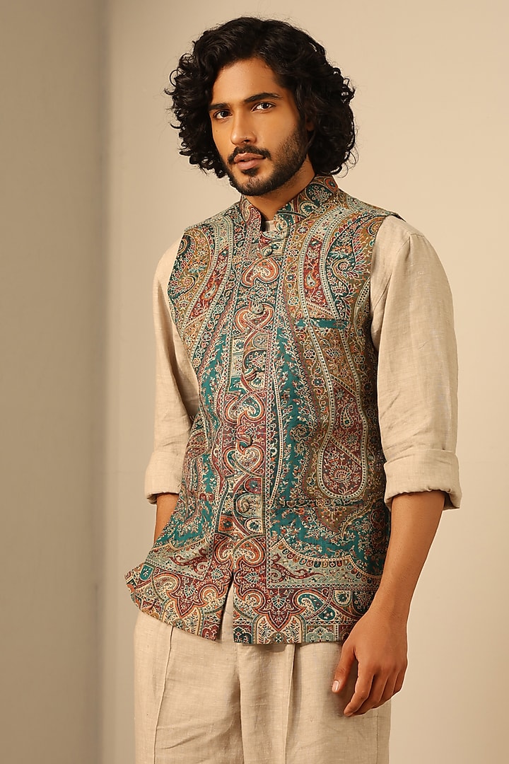 Green Fine Wool Silk Bundi Jacket by Dusala Men