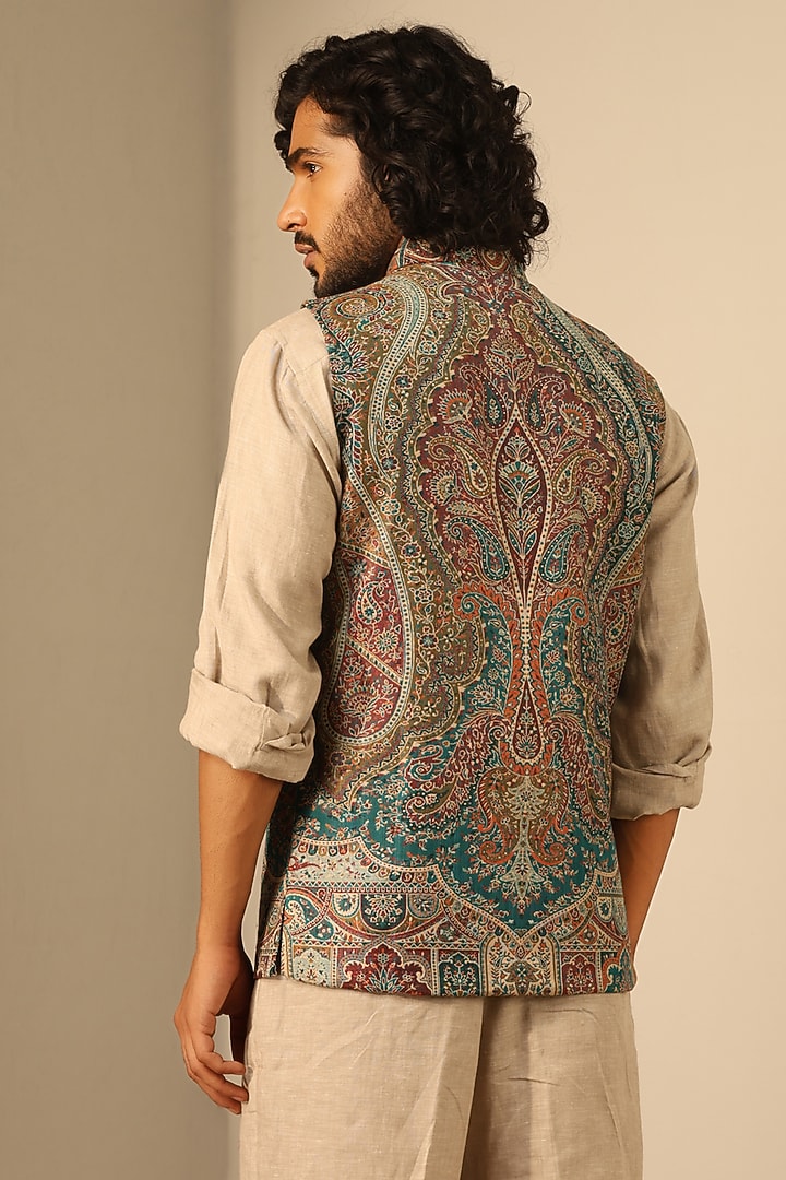 Green Fine Wool Silk Bundi Jacket by Dusala Men at Pernia's Pop Up Shop