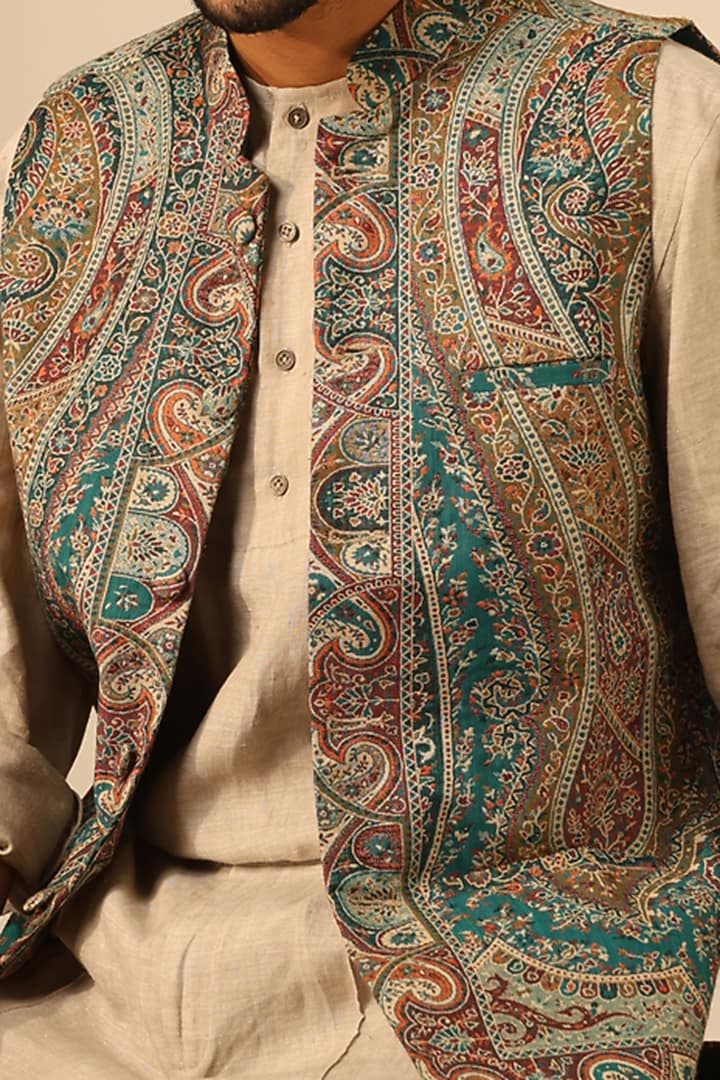 Green Fine Wool Silk Bundi Jacket by Dusala Men at Pernia's Pop Up Shop