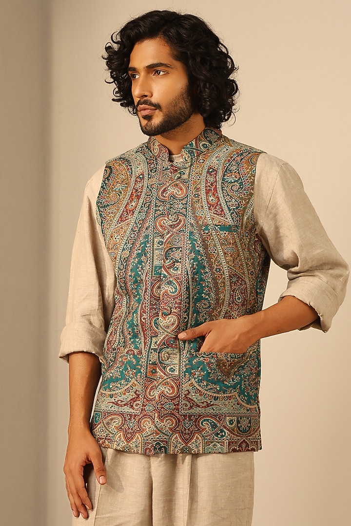 Green Fine Wool Silk Bundi Jacket by Dusala Men at Pernia's Pop Up Shop