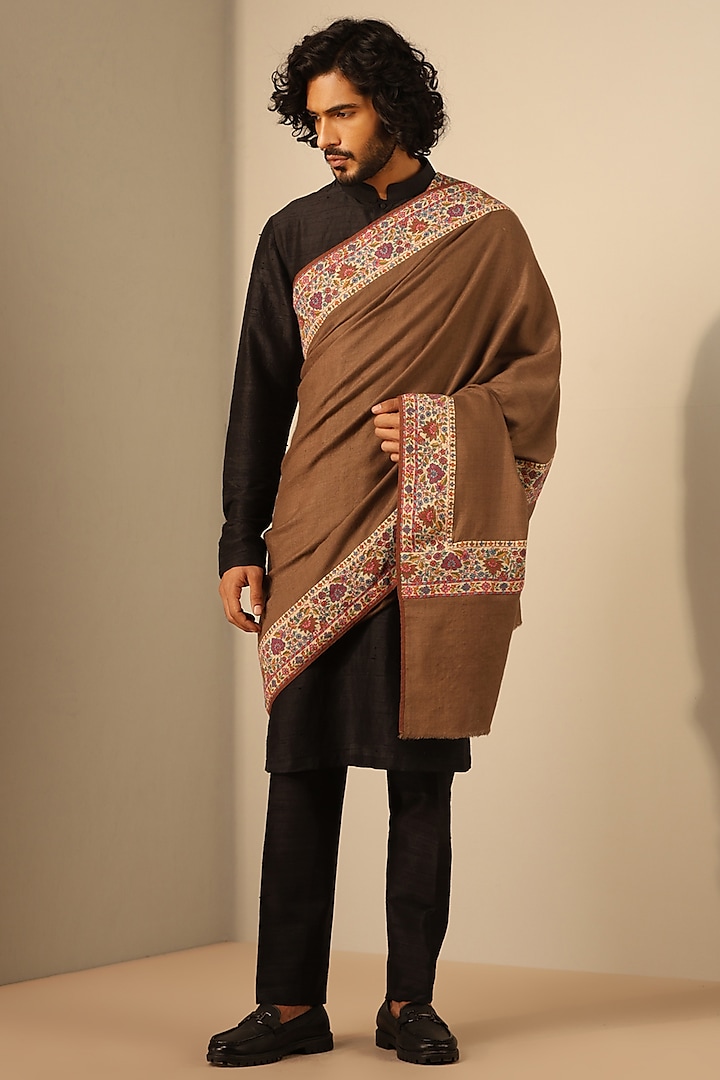 Brown Handmade Pashmina Embroidered Shawl by Dusala Men