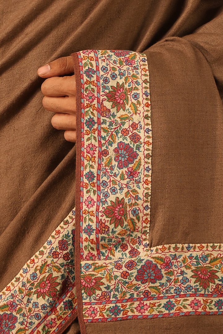 Brown Handmade Pashmina Embroidered Shawl by Dusala Men at Pernia's Pop Up Shop