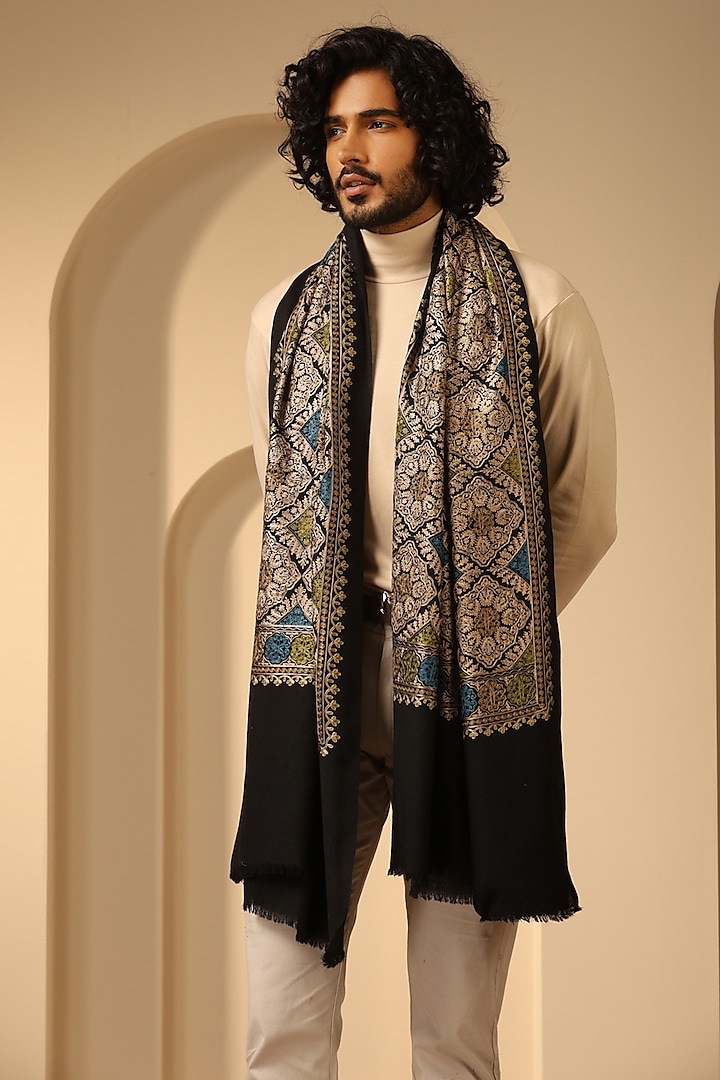 Black Cashmere Fine Wool Embroidered Stole by Dusala Men
