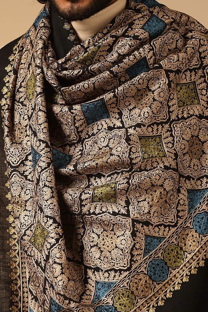 Black Cashmere Fine Wool Embroidered Stole by Dusala Men at Pernia's Pop Up Shop