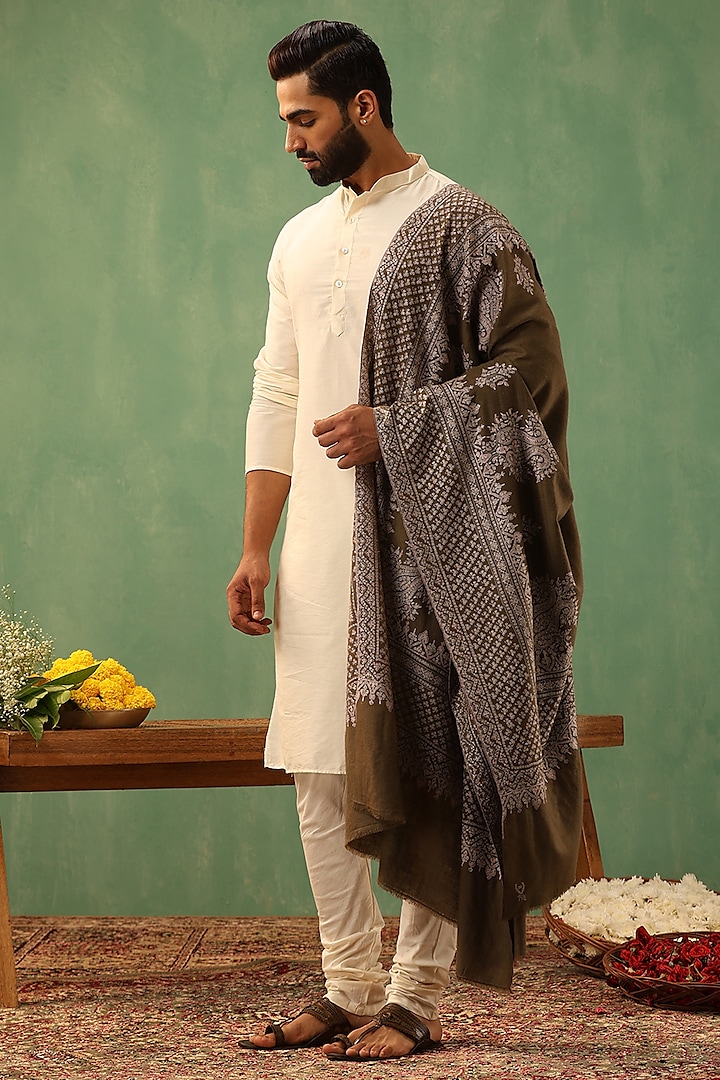 Brown Pashmina Wool Sozni Embroidered Handwoven Shawl by Dusala Men at Pernia's Pop Up Shop