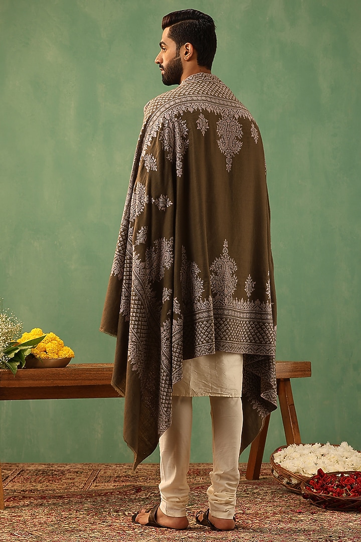 Brown Pashmina Wool Sozni Embroidered Handwoven Shawl by Dusala