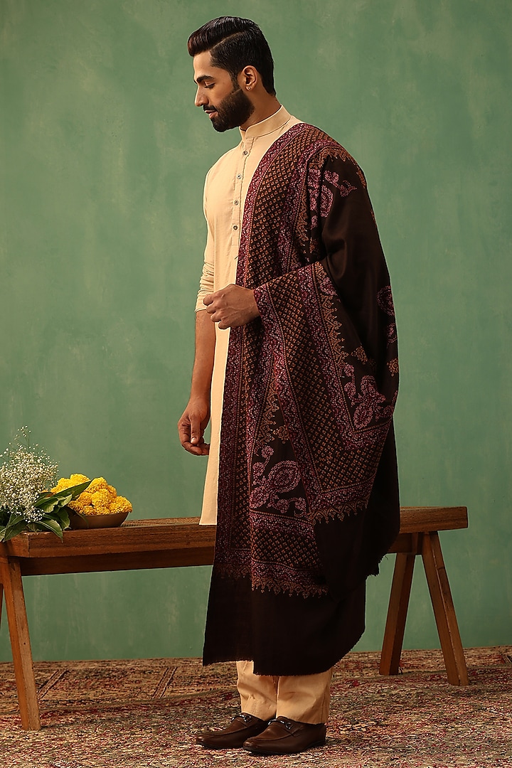 Brown Pashmina Wool Sozni Embroidered Handwoven Shawl by Dusala Men at Pernia's Pop Up Shop