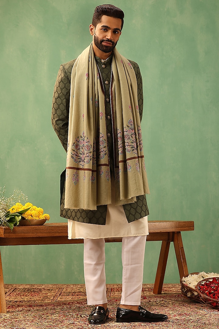 Beige Pashmina Wool Kalamkari Embroidered & Hand Painted Shawl by Dusala Men at Pernia's Pop Up Shop