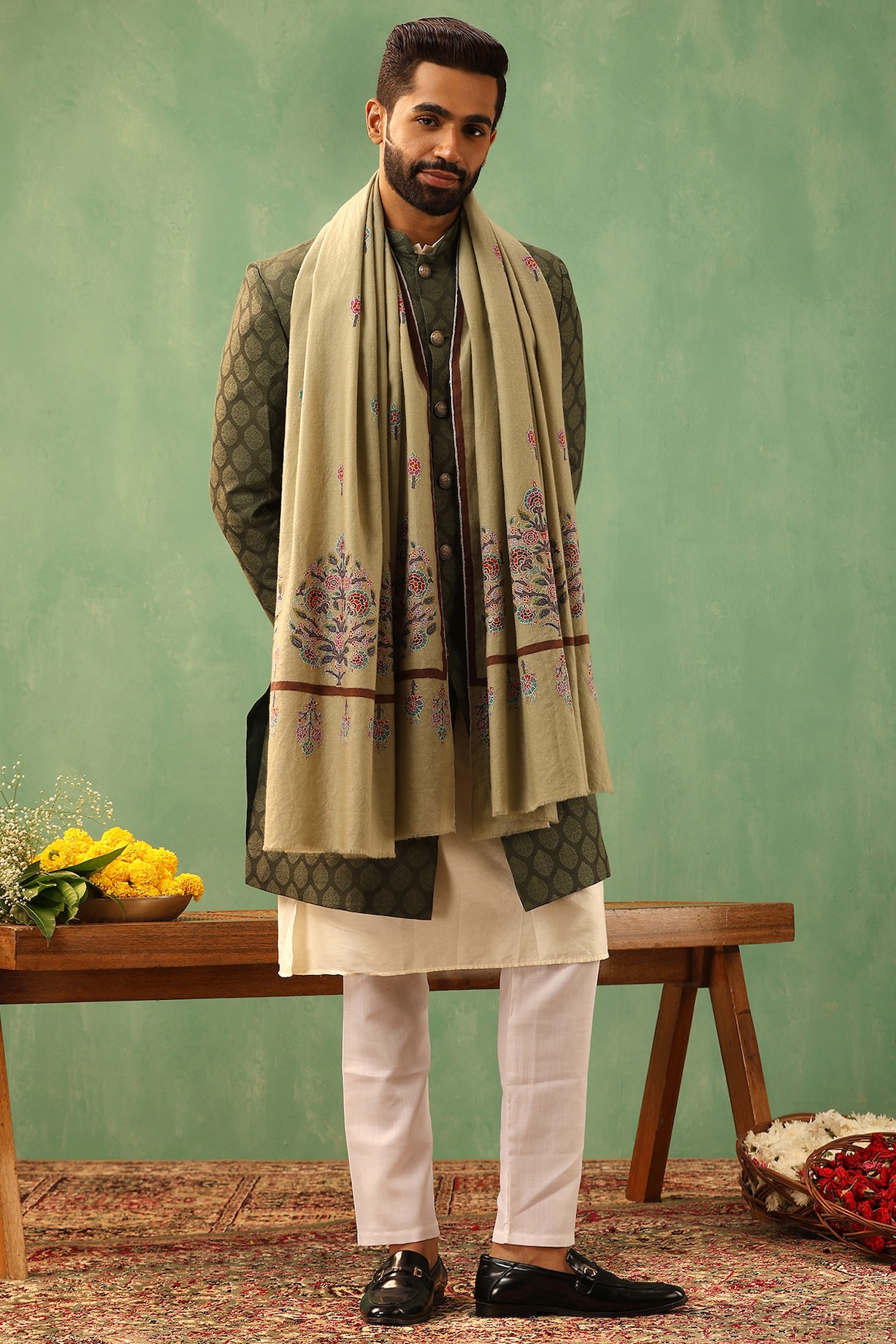 Beige Pashmina Wool Kalamkari Embroidered Hand Painted Shawl by