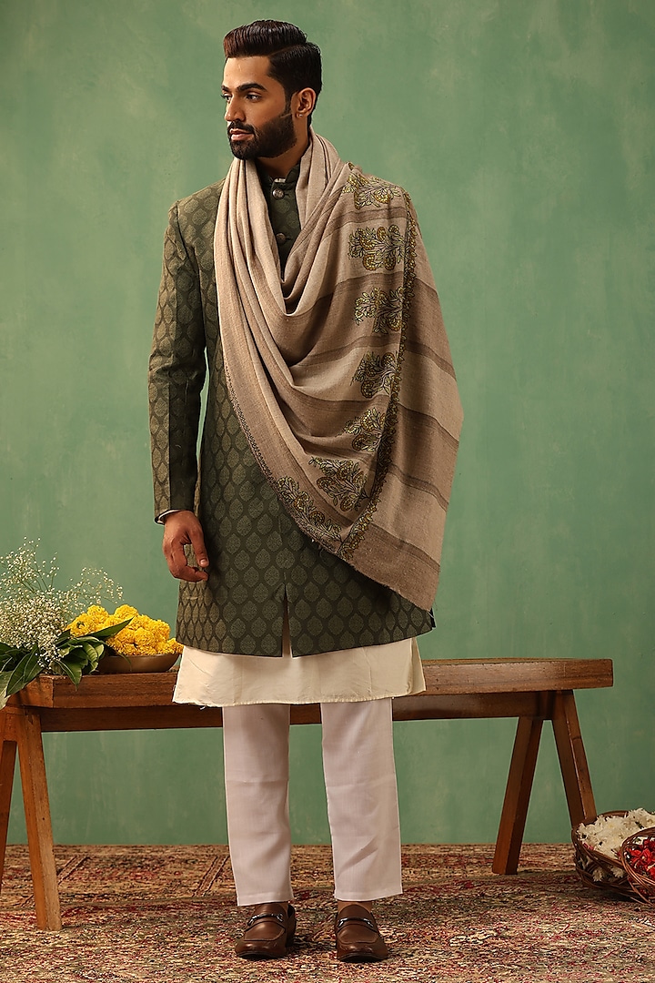 Beige Pashmina Wool Phulkari Embroidered Handwoven Shawl by Dusala Men at Pernia's Pop Up Shop