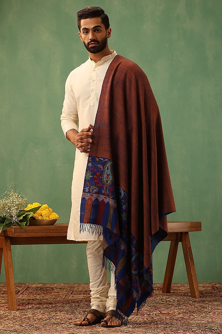 Multi-Colored Pashmina Wool Kani Embroidered Reversible Shawl by Dusala Men at Pernia's Pop Up Shop