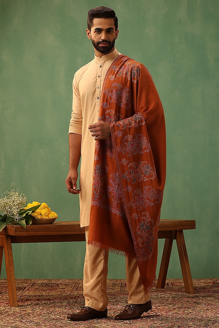 Orange Pashmina Wool Phulkari Embroidered Handwoven Shawl by Dusala Men at Pernia's Pop Up Shop