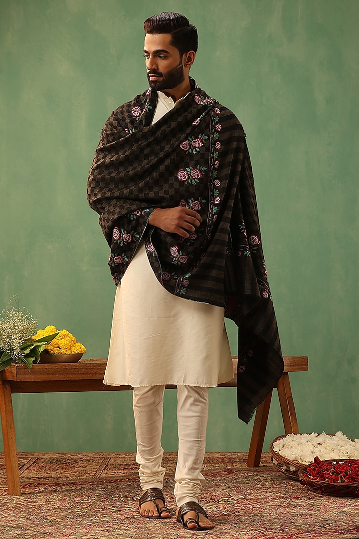 Black Pashmina Wool Sozni Embroidered Handwoven Shawl by Dusala Men at Pernia's Pop Up Shop