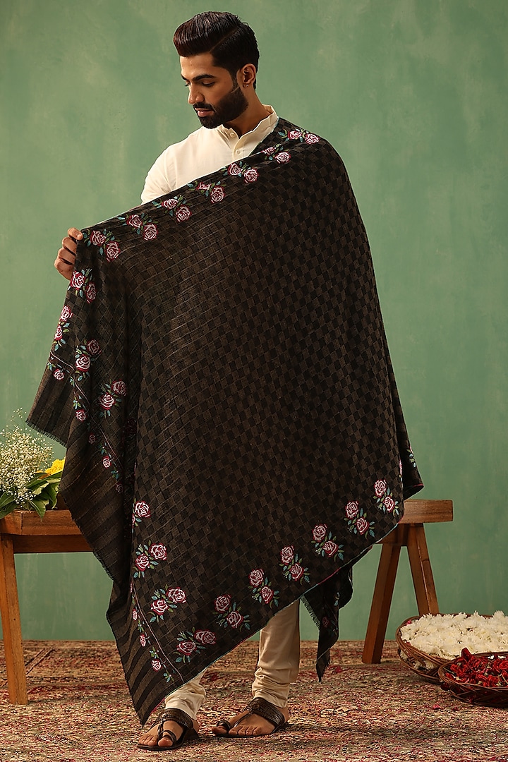 Black Pashmina Wool Sozni Embroidered Handwoven Shawl by Dusala