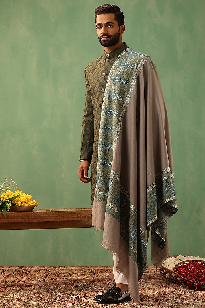 Grey Pashmina Wool Phulkari Embroidered Handwoven Shawl by Dusala Men at Pernia's Pop Up Shop