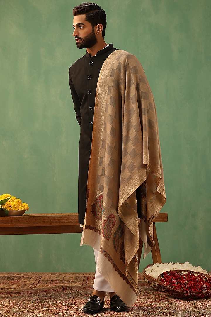 Beige Cashmere Fine Wool Stole by Dusala Men at Pernia's Pop Up Shop