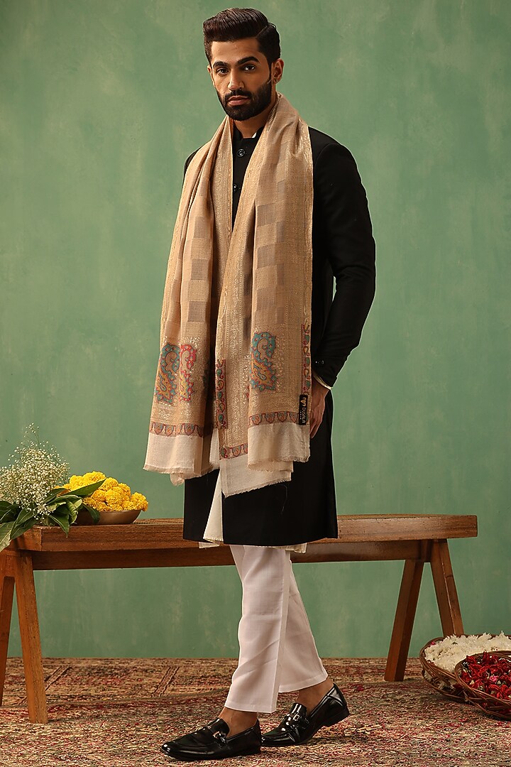 Beige Cashmere Fine Wool Stole by Dusala Men at Pernia's Pop Up Shop