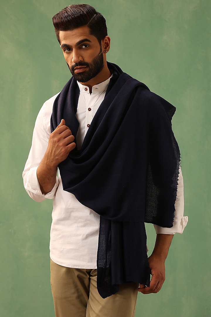 Navy Blue Cashmere Fine Wool Shawl by Dusala Men at Pernia's Pop Up Shop