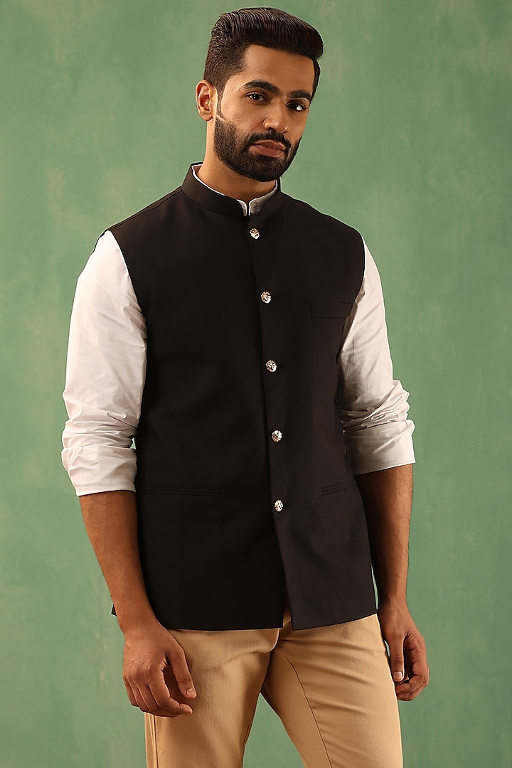 Black Wool Blend Bundi Jacket by Dusala Men